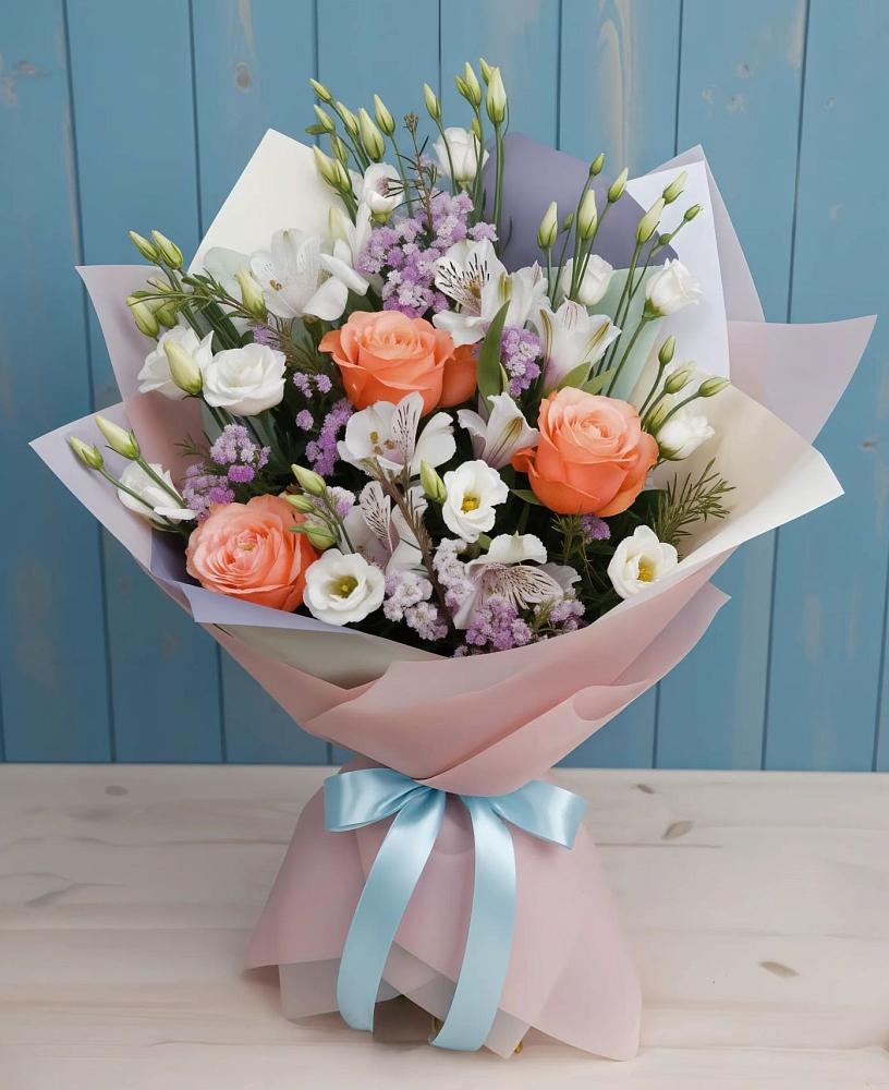 Букет цветов из: Лизиантусы, Розы, Альстромерии и Гипсофила в Иславское