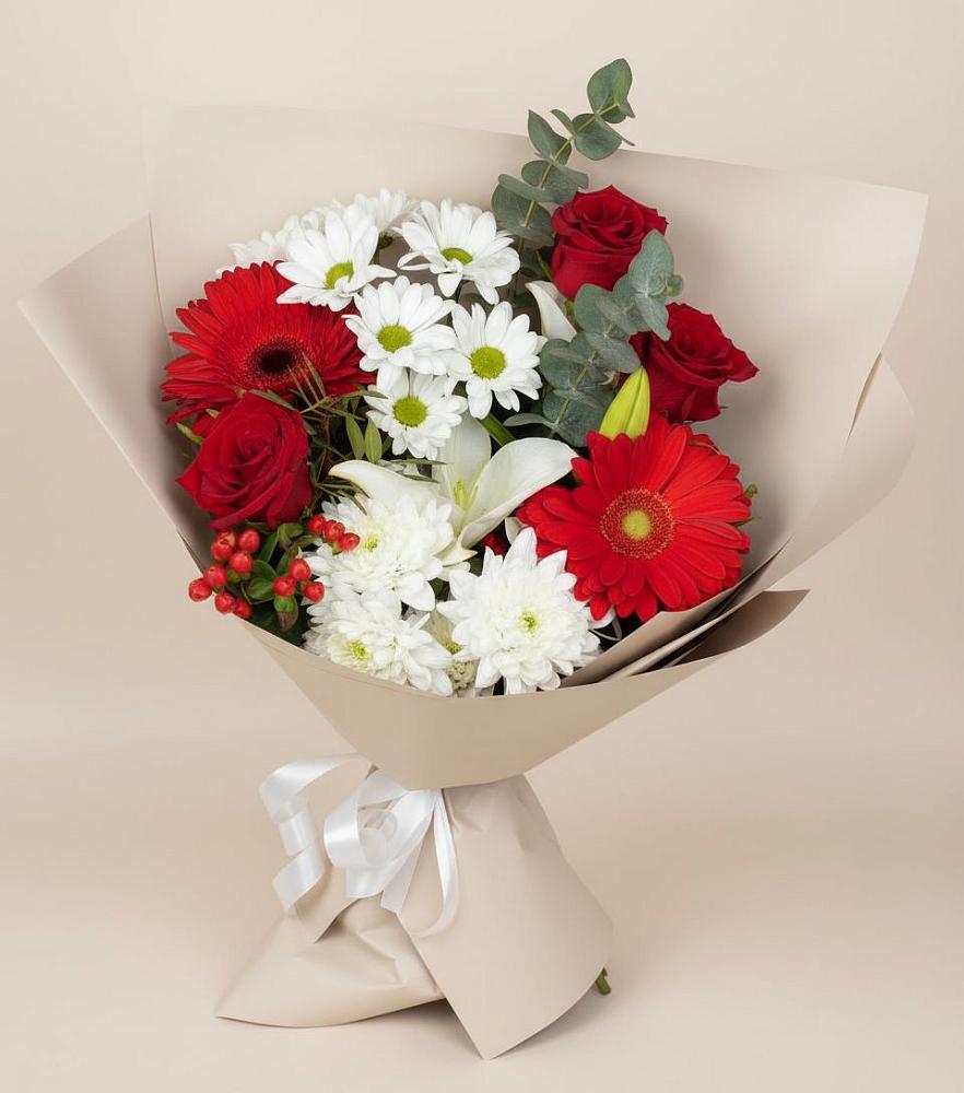 Букет цветов из: Розы, Хризантемы, Герберы и Лилии в Иславское