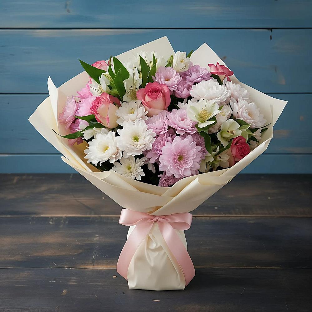 Букет цветов из: Хризантемы, Альстромерии и Розы в Иславское